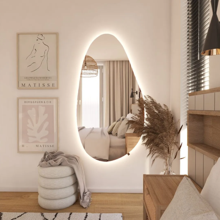 Add Home Japandi Long veidrodis su galiniu LED apšvietimu, Nestandartinių formų veidrodžiai, veidrodžiai Be rėmelio