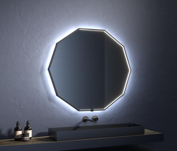 Vanita&Casa Deca apvalus kampuotas veidrodis su LED apšvietimu, juodu aliuminio rėmeliu, Nestandartinių formų veidrodžiai